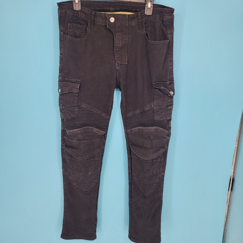 Winx Wheels Biker Cargo Pants Mens XL Black Moto Denim Ribbed Slim Streetwear